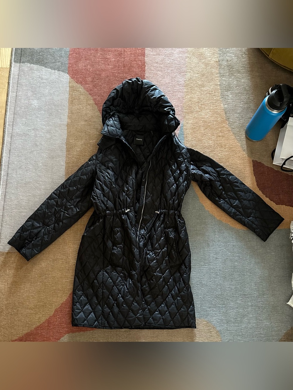 Theory Long Black Quilted Down Puffer Coat with Cinched Waist Small EUC
